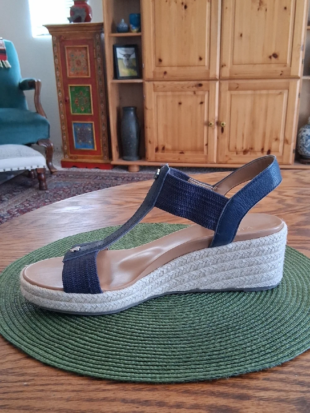Vionic Calera Navy Blue Leather Stretch Fabric Espadrille Wedge Sandals Size 11